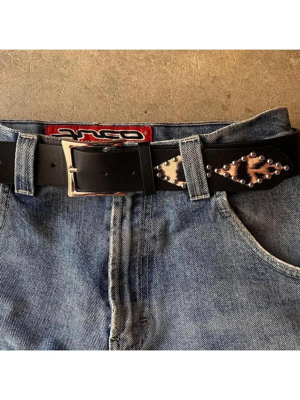 Vintage Y2K style Cheetah Print Studded Black Belt. 39 inches fits a 26-34
